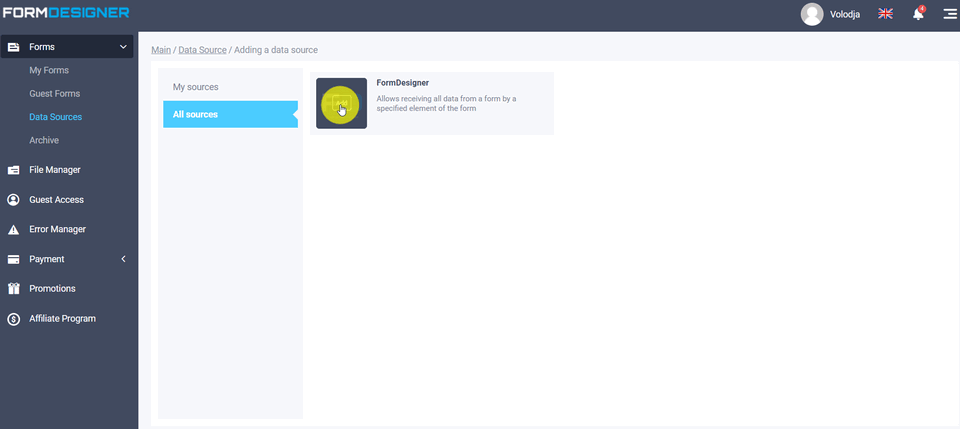 Page with the list of data sources available for connection