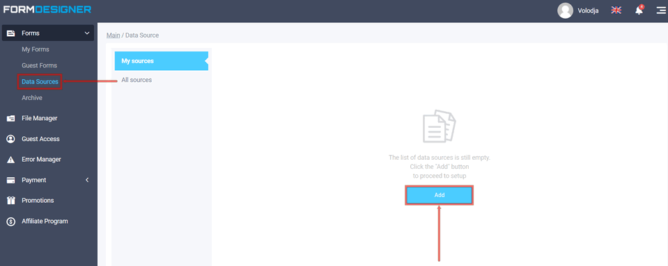 List of connected data sources