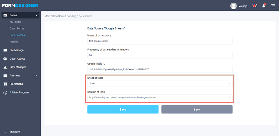 Selecting a sheet and a column in the Google table