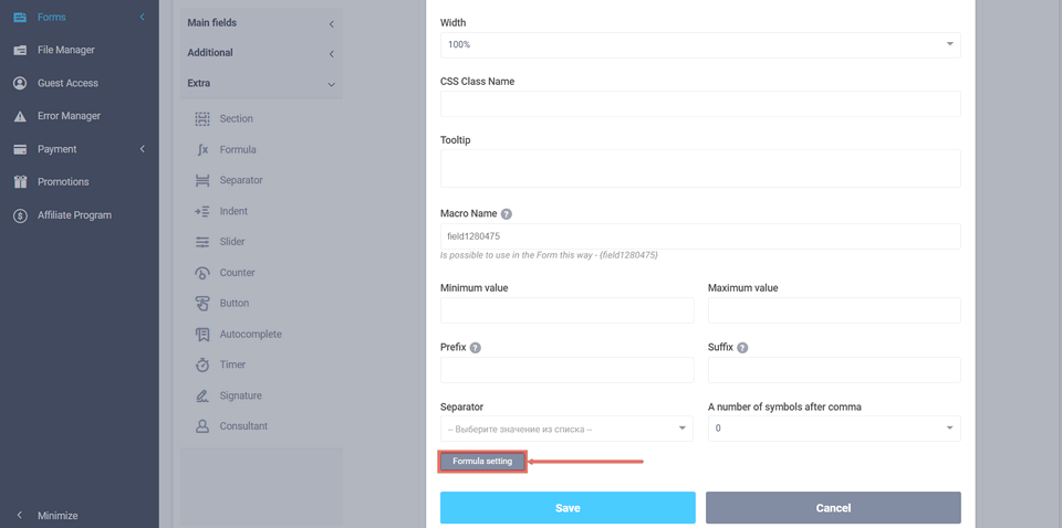 Settings of the formula