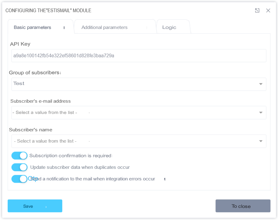 Basic Estismail integration module settings