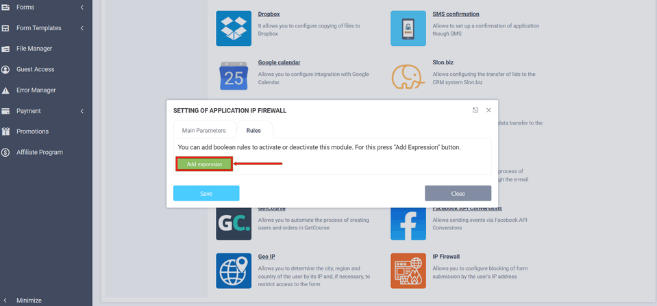 window with basic settings for the IP firewall module 2