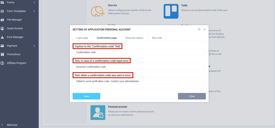 Confirmation page settings