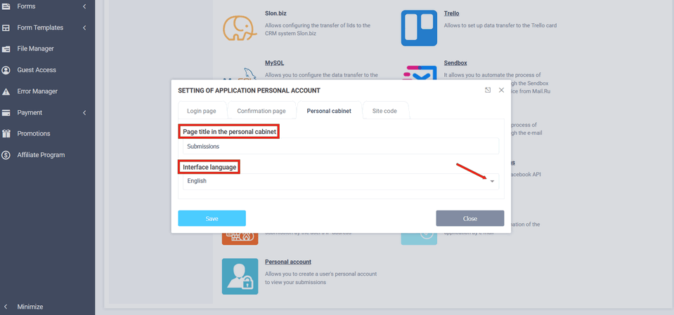 Personal account settings