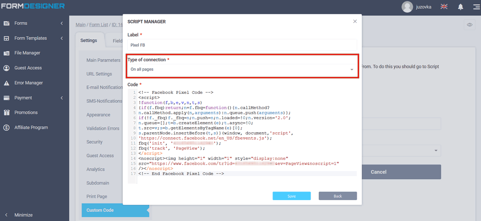 Connecting Facebook Pixel to form 7