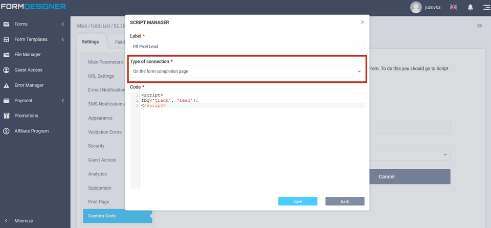Connecting Facebook Pixel to form 10